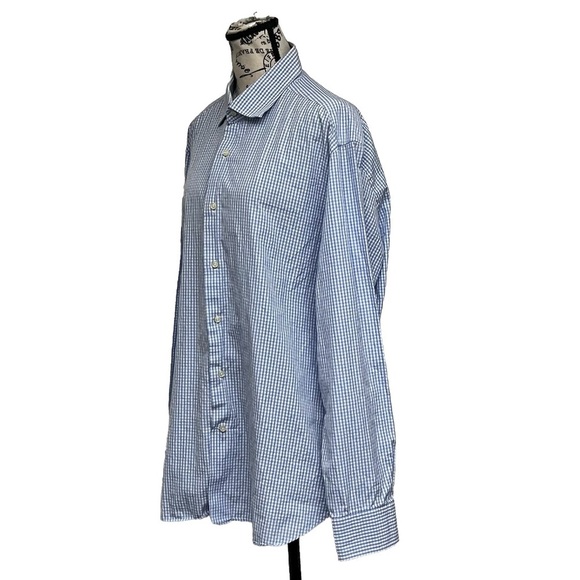 Saks Fifth Avenue Button Down Shirt Mens 17.5 Custom Made Blue Checkered Gingham - Picture 3 of 11